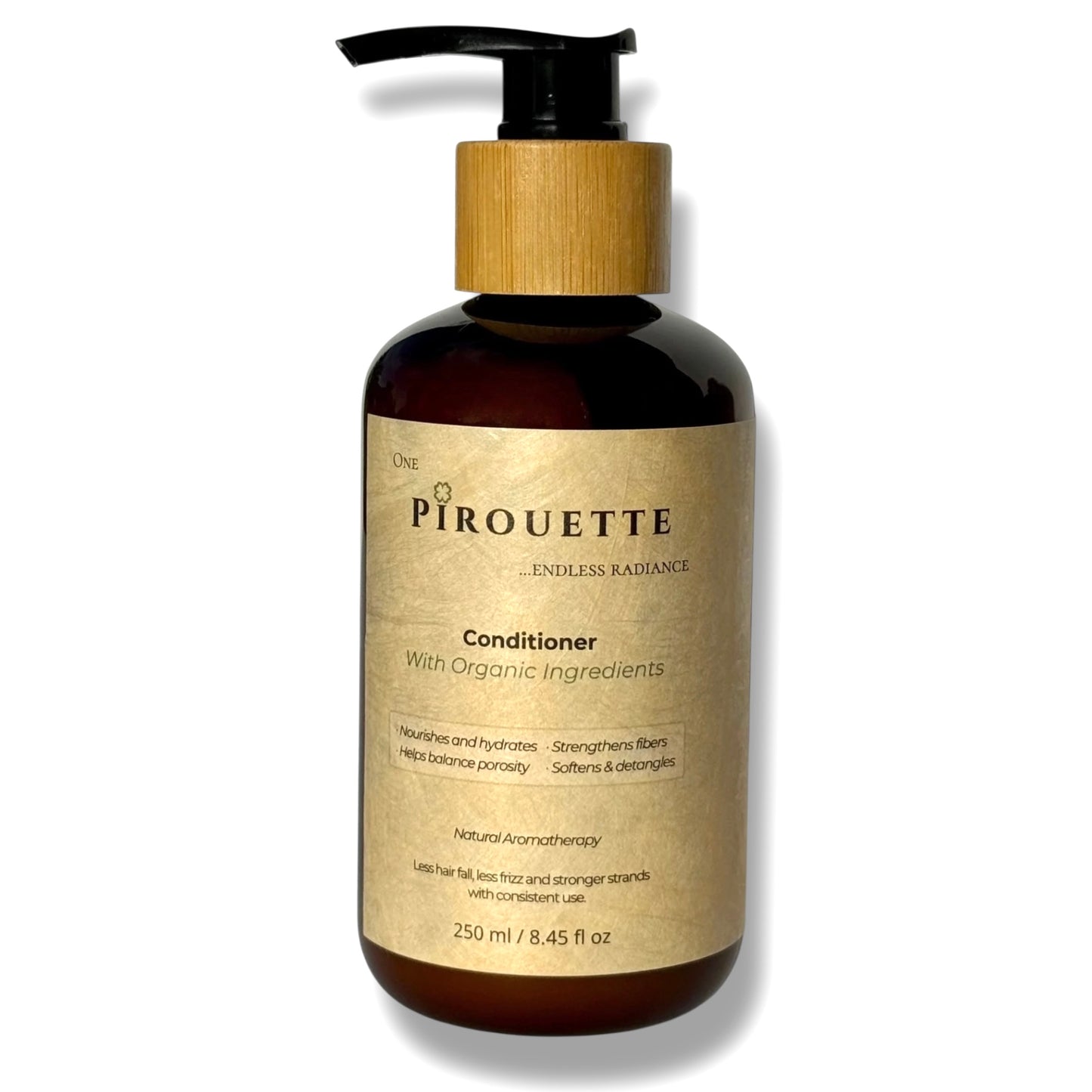 A bottle of Pirouette Beauty's natural conditioner with organic ingredients.
