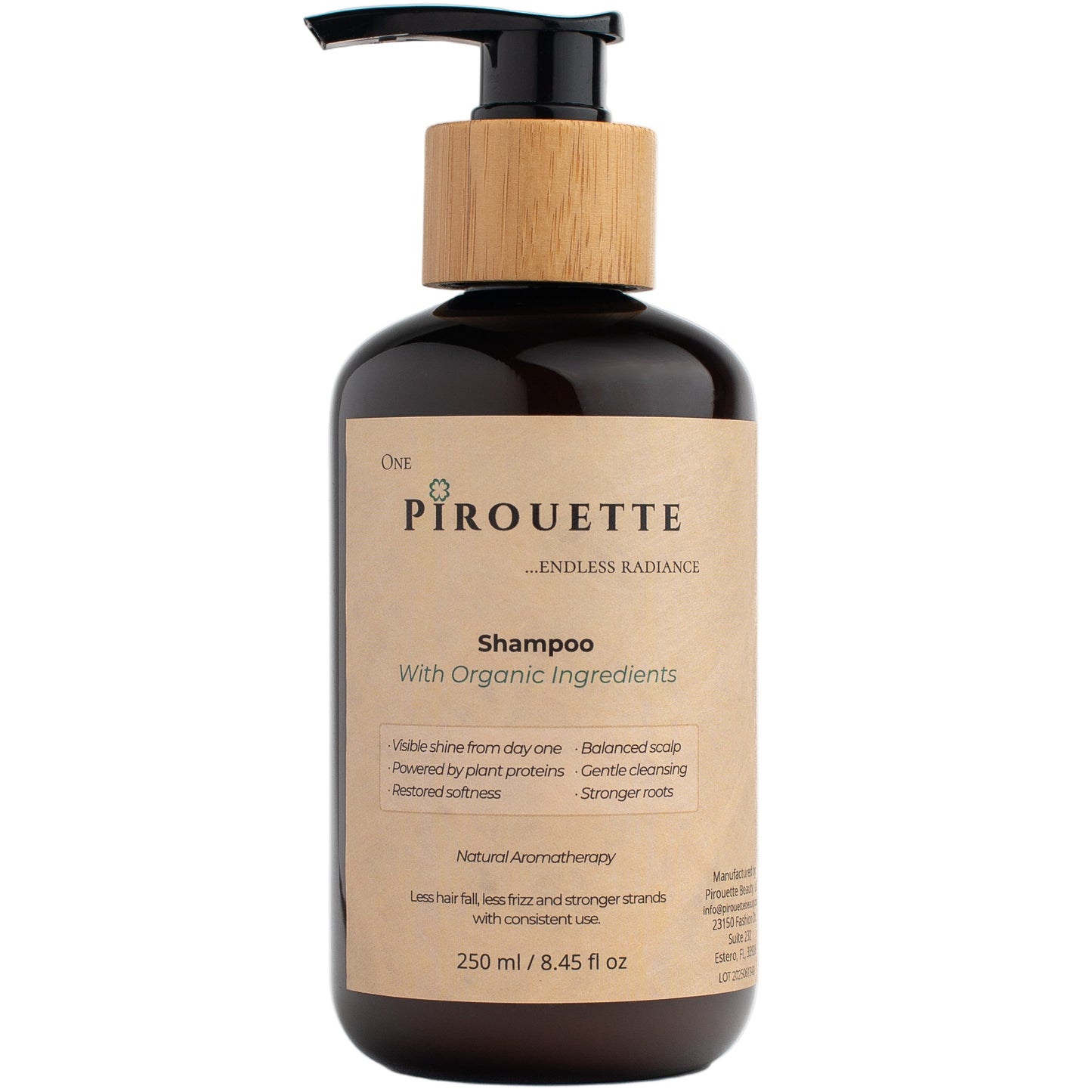 Pirouette Beauty shampoo bottle with wooden pump on a white background