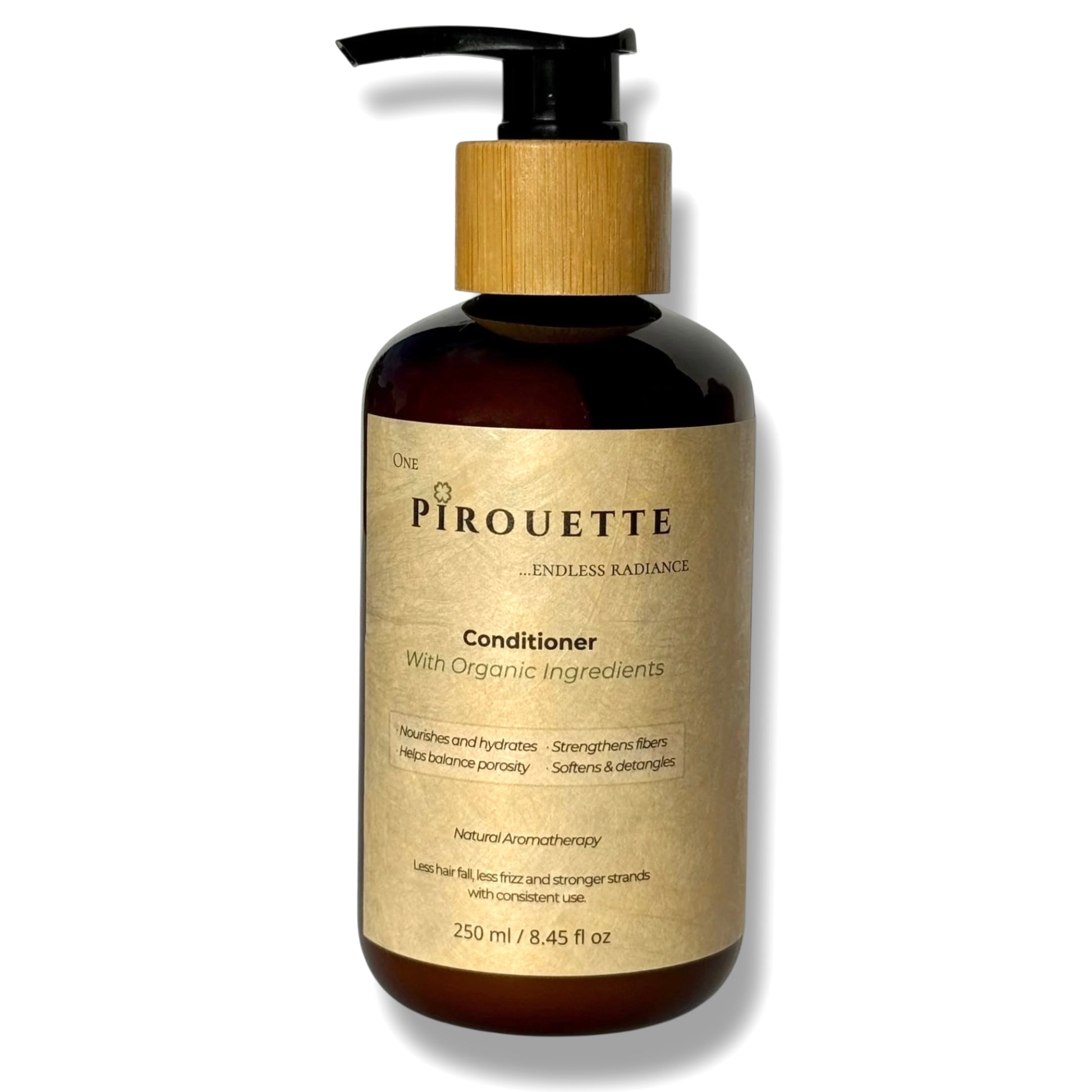 A bottle of Pirouette Beauty's natural conditioner with organic ingredients.