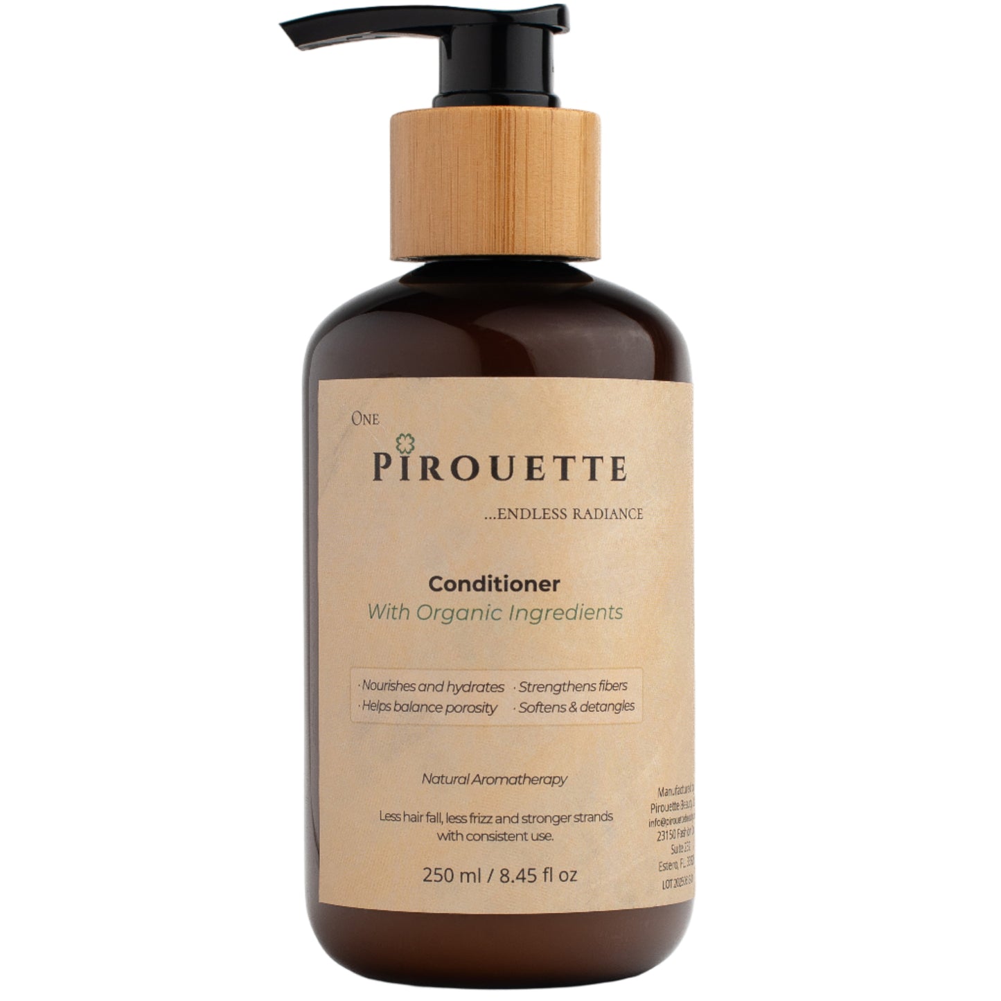 Pirouette conditioner bottle with wooden pump on a white background