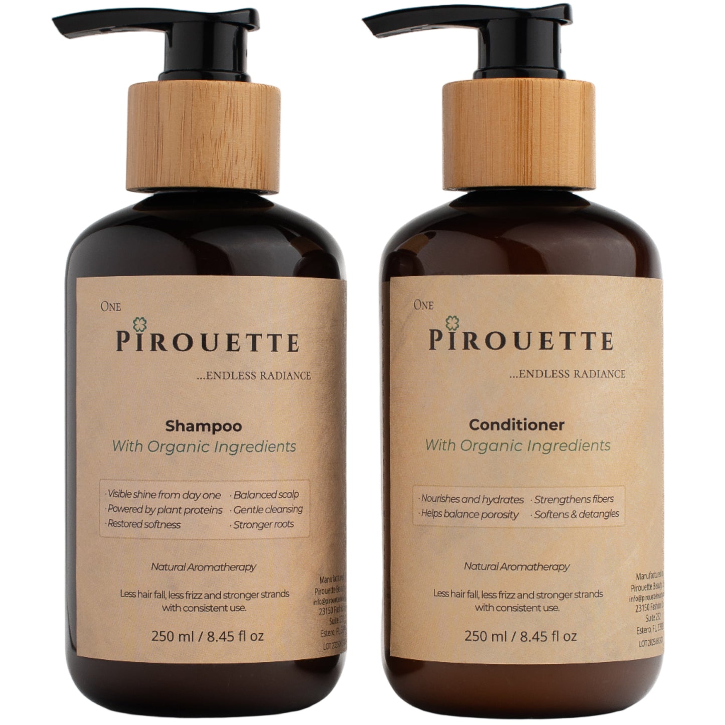 Two bottles of Pirouette shampoo and conditioner on a white background