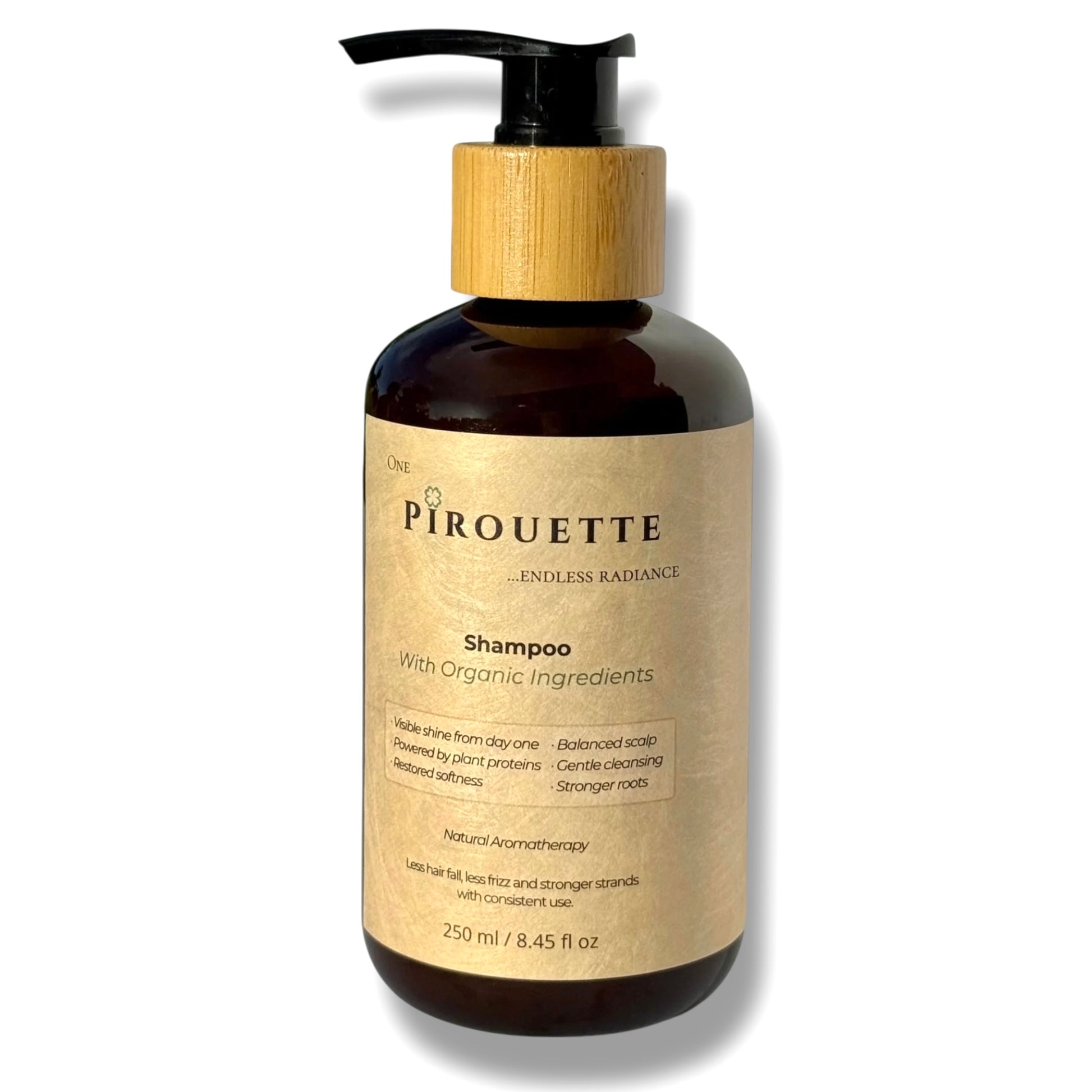 A bottle of Pirouette Beauty's natural shampoo with organic ingredients.