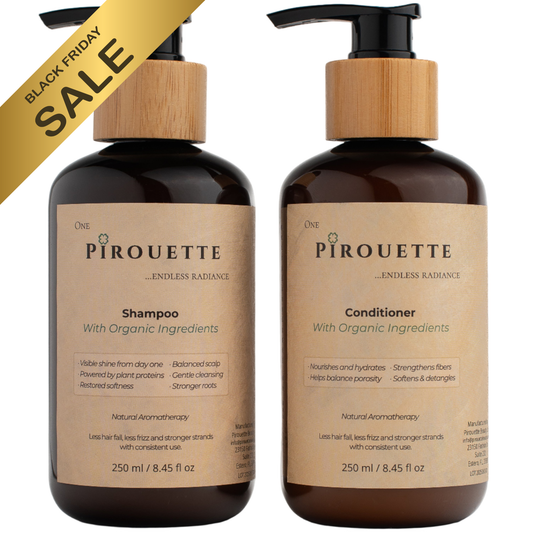Pirouette shampoo and conditioner bottles with wooden caps on a white background, featuring a Black Friday sale banner.