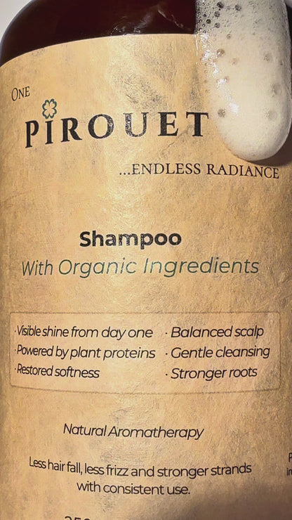 A video showcasing Pirouette Beauty's natural shampoo with organic ingredients.